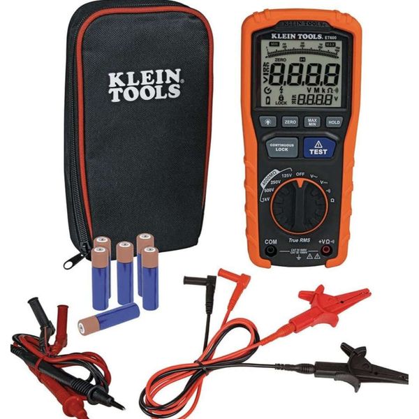 Klein Tools ET600 Tester de aislamiento de megohmímetro multímetro - resistencia de 4000 ohmios, multímetro TRMS automático con opciones de 4 voltajes - diseño naranja/negro
