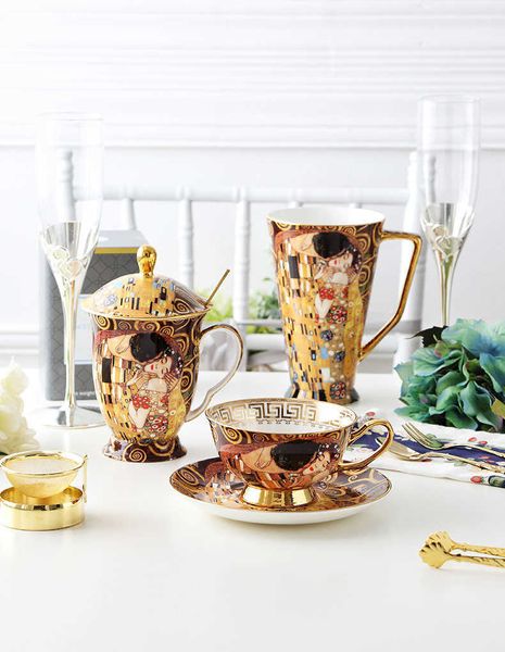 Tazas de porcelana Klimt Kiss, tazas de café Gustav klimt, taza de té china de hueso, regalos de cumpleaños y bodas, vajilla de oficina, decoración del hogar