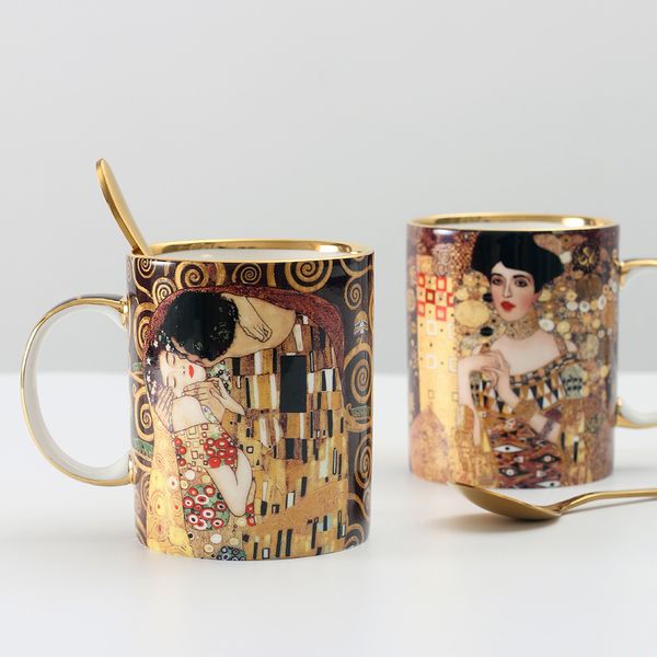 Klimt Kiss Porcelian Tazas Tazas de café con cuchara Gustav klimt Bone china Boda Cumpleaños Regalo Oficina Drinkware 220224