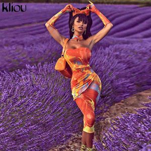 Kliou Estética Impresión Maxi Vestido Mujeres Parche Asimétrico Diseños Rollo Cuello Manga Guantes Robe Elegante Sin Tirantes Ropa Femenina Y1204