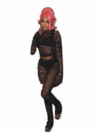 Kliou Automne Femmes Streetwear Mesh Grille Deux Pièces Ensemble K23S40118 Junior Fille Trous Noir Crop Tops + Pantalon Outfit Party Club Costume n0lV #