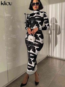 Kliou vaches imprimer Maxi Robe pour les femmes automne esthétique chic cravate colorant fête Style Robe gaine mince col roulé femme Vestido Y1204