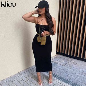 Kliou élégant chic Maxi robe femmes esthétique Simple rubans irréguliers caraco sans manches Slash cou fête vestido de mujer Y1204