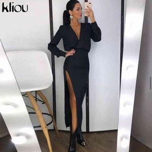 Kliou élégant robe Maxi femmes chic solide Sexy fente latérale mince sortir porter jupe à manches longues bas col en v femme vestido de mujer Y1204