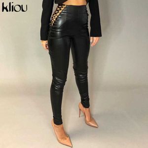 Kliou faux pu lederen vrouwen potlood broek skinny holle hoge taille panty's broek zwart mode herfst 2021 vrouwelijke kleding heet Q0801