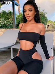 Kliou Hollow Out Black Solid PlaySuit OneShoulder Asymétric Sleeve Beach Style Rompers Slash Cou Skinny Streetwear 240322