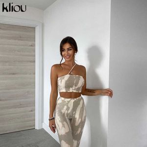 Kliou Tricoté Simple Deux Pièces Ensemble Femmes Casual Cravate Slash Cou Crop Tops + Pantalon Classique Body-Shaping Tenues Mathcing Femme Y0625