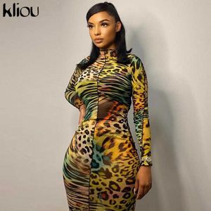 Kliou Mesh Farbic Leopardenmuster-Druck-Maxikleider für Frauen, sexy, durchsichtig, Rüschen, dünn, attraktive Clubwear-Partykleidung Y1006