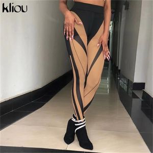 Kliou Mesh Striped Leggings Pour Femmes Hipster Skinny Imprimé Haute Vêtements Extensibles Sans Couture En Forme De Taille Active Workout Wear 211204