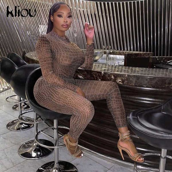 Kliou Plaid Mesh See Through Skinny Trajes de dos piezas Mujeres Sexy Hot Body de manga larga y pantalones Party Clubwear Conjuntos a juego Y0625