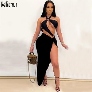 Kliou Sexy découpé dos nu deux pièces tenues femmes licou body et côté fendu jupe correspondant ensemble fête Clubwear 210730