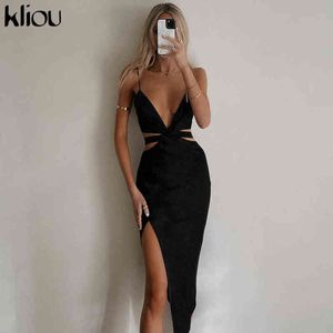 Kliou Sexy Minuit Maxi Robe Femmes Indéfini Forme De Côté Irrégulier Évider Camisole Jurk Hipster Sans Manches Femme Clubwear Y1204