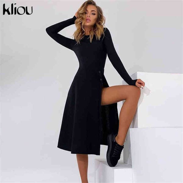 Kliou Solid Punto Maxi Vestido Mujeres Unico Classy Primero Otoño Botón Sexy Button Side Slit Falda Elegante Manga Larga High Street Wear Y1204