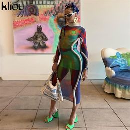 Kliou y2k mesh maxi jurk vrouwen ongedefinieerde hipster schuim wijnjas met lange mouwen turtleneck vrouwelijke feestclub Atherrewear multi-color 220507