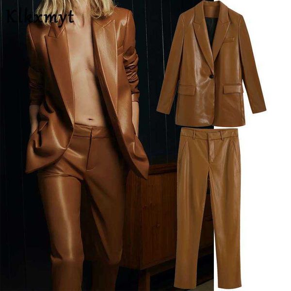 Klkxmyt 2 pièces ensembles femmes chic mode simple bouton pu cuir blazers vestes hauts et pantalons pantalons ensemble 210527