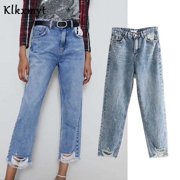 Klkxmyt Angleterre High Street Mom Za Jeans Femme Taille Vintage Trou Déchiré Lâche Petit Ami Pour Les Femmes 210527