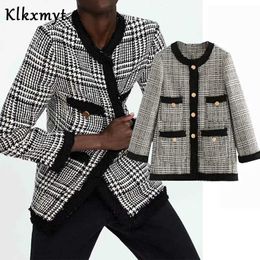 Klkxmyt Angleterre Style Vintage Plaid Simple Boutonnage Tweed Party Casual Blazer Femmes Mujer s et vestes 210527