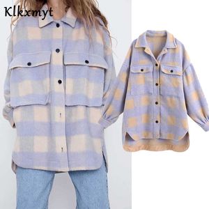 KLKXMYT Mode Plaid Wollen Shirt Jassen Vrouwen Zakken Revers Losse Jasjas Jas Vrouwelijke Chique Bovenkleding Streetwear 210527