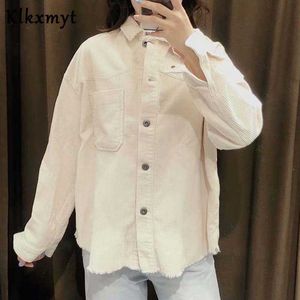 KLKXMYT JASKET JAS DAMES MODE CORDUROY OVERHEMS FRAYED LOSSE Vintage lange mouw zakken vrouwelijke bovenkleding chic tops 210527