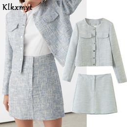 Klkxmyt ensembles femmes vintage mode décontractée tweed veste courte manteau dame taille haute a-ligne mini jupes faldas deux pièces ensemble 210527