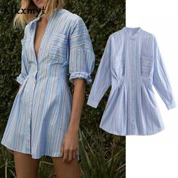 KLKXMYT Lente ZA Jurk Dames Engeland Stijl Vintage Streep Button-Up Mode Elegante Vestidos de Fiesta Noche 210527