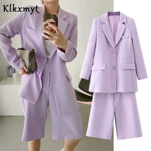 Klkxmyt costume ensembles femmes angleterre bureau simple solide blazers à simple boutonnage vestes et shorts bermuda deux pièces 210527