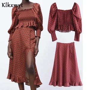 Klkxmyt deux pièces ensemble femmes Chic mode vague Point imprimé élastique buste Blouse Blusas Midi longue jupe 2 210527