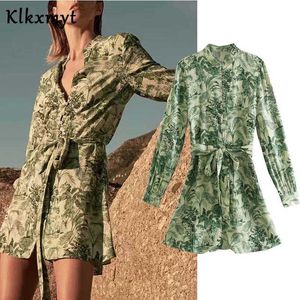 KLKXMYT ZA jurk vrouwen mode groen print shirt mini vrouw vintage lange mouw met riem es casual vestidos 210527