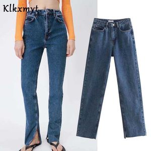 Klkxmyt Za Inglaterra Estilo High Street Pantalón Piernas Split Slim Jeans Mujer Casual High Cintura Flares Pantalones de mezclilla para mujeres 210527