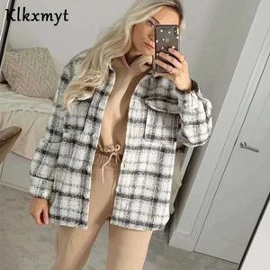 KLKXMYT ZA Jas Vrouwen Herfst Winter Mode Plaid Wollen Dikke Jassen Overhemd Vrouwelijke Zakken Jas Oversize Uitloper 210527