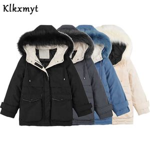 KLKXMYT ZA Parka Dames Winterjack Mode Bontkraag Dikke Warme Parka Jas Rits Zakken Vrouwelijke Chique Bovenkleding Tops 210527