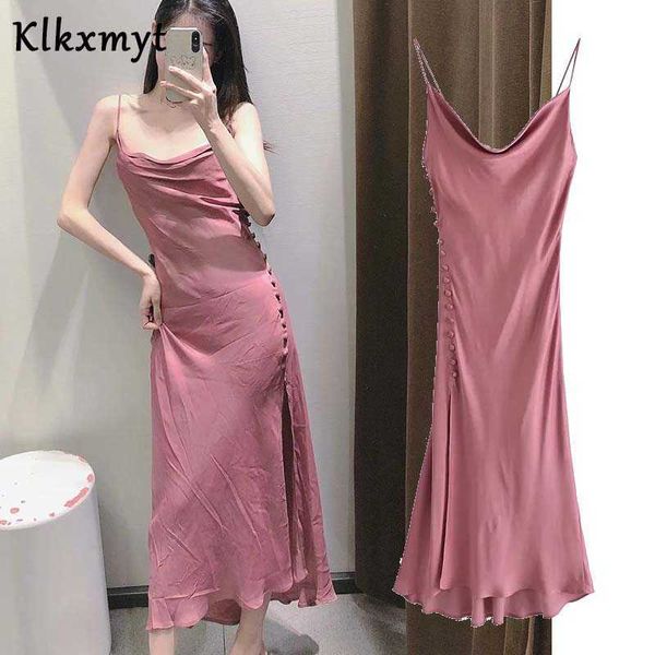 Klkxmyt Za Pink Satin Camisole Midi Dress Mujer Summer Thin Straps Backless Sexy Party Vestidos Mujer Hem Vents Prom 210527