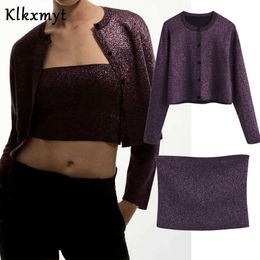 Klkxmyt Za Sets Mujeres Moda Vintage Bright Light Punto Recortado Cardigans Suéteres Sexy Tank Tops 2 Pics Set 210527