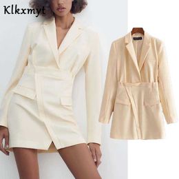 Klkxmyt Za costume robe femmes décontracté Mini printemps à manches longues femme es fausse poche épaulettes Blazer veste 210527