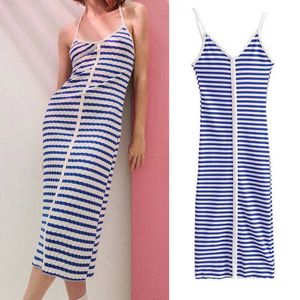 KLKXMYT ZA zomer jurk vrouw blauw gestreepte slip gebreide lange vrouwen mode knop backless slanke sexy casual es 210527