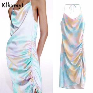 Klkxmyt Za Robe D'été Femmes Tie Dye Camisole Midi Robes Femme Mode Satin Dos Nu Sexy Élégant Femme Partie Robe 210527