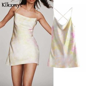 Klkxmyt Za Robe D'été Femmes Tie Dye Satin Court Femme es Strappy Sexy Dos Nu Sling Mini Party es 210527