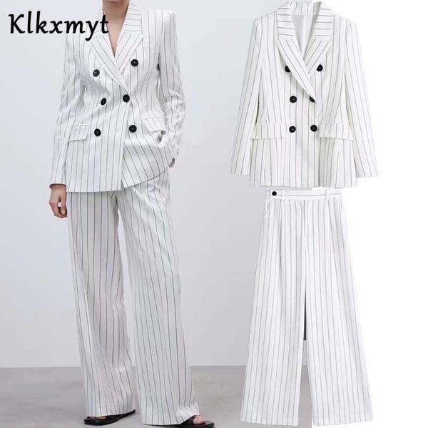 Klkxmyt Za Vintage 2 pièces ensemble femmes Blazer costume rayure double boutonnage à manches longues veste femme bureau pantalon costumes Outwear 210527