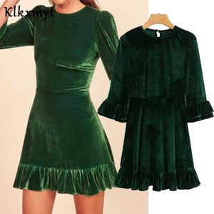 KLKXMYT ZA Dames Chique Mode Geplooid Fluwelen Mini Jurk Vintage Drie Kwart Mouw Slanke Vrouwen Jurken Vestidos Mujer 210527