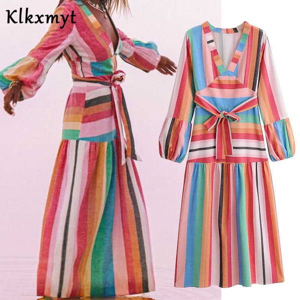 Klkxmyt Za mujeres Chic moda Arco Iris barras estampado fajas Maxi vestido Vintage manga larga cuello en V Vestidos femeninos Vestidos 210527