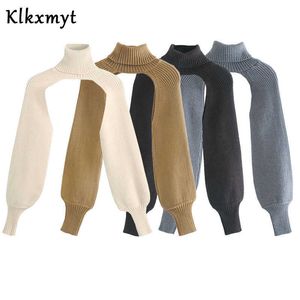 KLKXMYT ZA Dames Mode Arm Warmers Gebreide Sweater Vintage Hoge Hals Lange Mouw Vrouwelijke Pullovers Chic Tops 210527