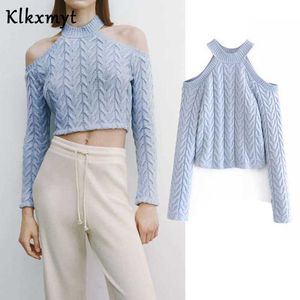 KLKXMYT ZA Dames Mode Achtstrengs Holle Cable-Knit Sweater Vintage O Hals Lange Mouw Vrouwelijke Pullovers Chic Tops 210527
