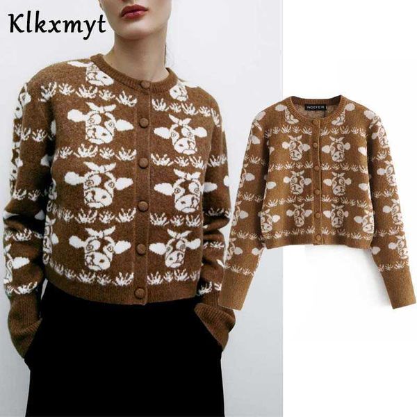 Klkxmyt za mujeres moda o cuello patrón animal crochet tejido cardigans suéter femenino chic manga larga casual tops cortos 210527