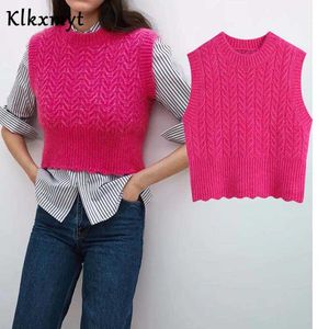 KLKXMYT ZA Dames Mode Weave Patroon bijgesneden kabel-gebreide vest trui Vintage O Hals Mouwloze Vrouwelijke vest Chic Tops 210527