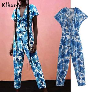 Klkxmyt Za Femmes Combinaison Bleu Floral Longue Femme Été Mode Bow Cut Out Manches Courtes Casual Romper Outfit 210527