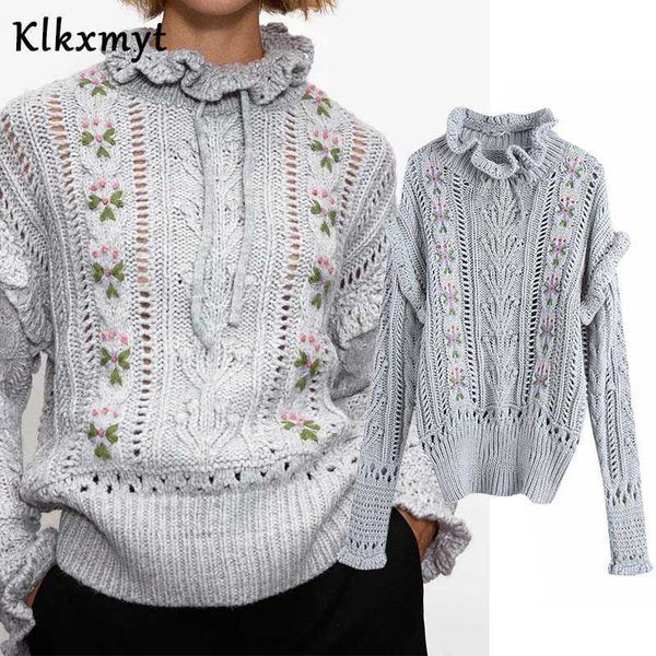 Klkxmyt Za Femmes Doux Col À Volants Floral Broderie Tricot Pull Lady Chic Agaric Dentelle Évider Casual Pulls Tops 210527