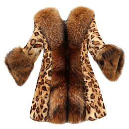 KLV 1pc Damesjas Herfst Winnaar Faux Bont Kraag Polyester Afdrukken Klassieke Leopard Medium Lange Jas Geel Jas Z1126