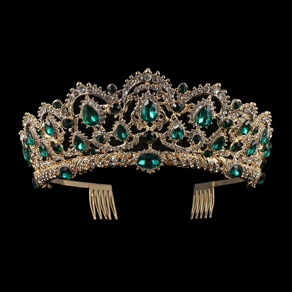 KMVEXO gota europea verde rojo cristal Tiaras Vintage oro diamantes de imitación concurso coronas con peine barroco boda accesorios para el cabello 220719