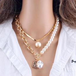 KMVEXO – colliers à pendentifs géométriques pour femmes, 2 couches de perles, chaîne serpent en métal doré, nouveau Design, bijoux, cadeau 252r