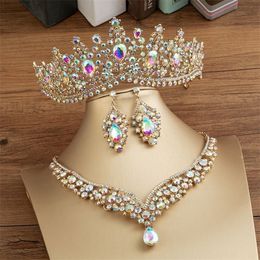 Kmvexo prachtige kristal ab bruids sieraden sets mode tiaras oorbellen kettingen voor vrouwen trouwjurk kroon 220812